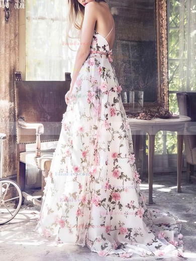 A-line V-neck Tulle Sweep Train Flower(s) Prom Dresses #Favs020108544