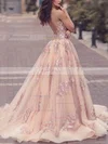 A-line Scoop Neck Lace Tulle Sweep Train Appliques Lace Prom Dresses #Favs020108546