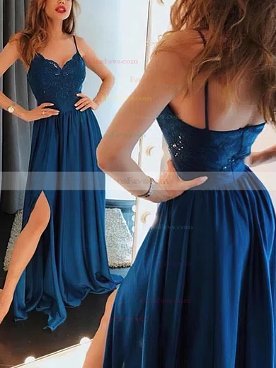 A-line V-neck Silk-like Satin Sweep Train Appliques Lace Prom Dresses #Favs020108394