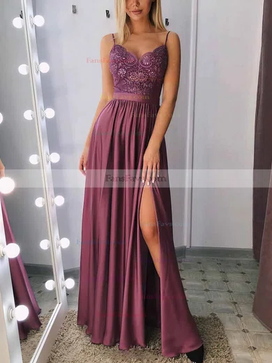 A-line V-neck Silk-like Satin Sweep Train Appliques Lace Prom Dresses #Favs020108394