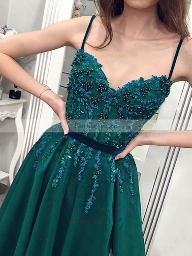 A-line V-neck Tulle Lace Sweep Train Beading Prom Dresses #Favs020108395