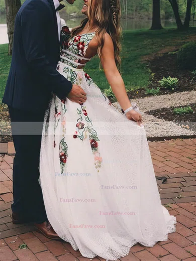 A-line V-neck Lace Sweep Train Prom Dresses #Favs020108398