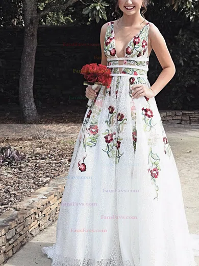 A-line V-neck Lace Sweep Train Prom Dresses #Favs020108398