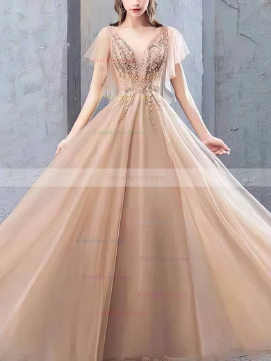 A-line V-neck Tulle Sweep Train Appliques Lace Prom Dresses #Favs020108412