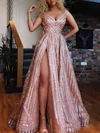 A-line V-neck Sequined Sweep Train Split Front Prom Dresses #Favs020108413