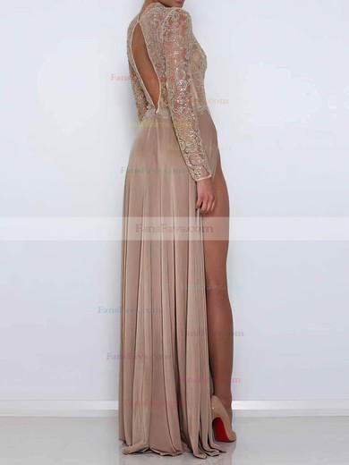 A-line Scoop Neck Silk-like Satin Sweep Train Beading Prom Dresses #Favs020108415
