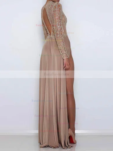 A-line Scoop Neck Silk-like Satin Sweep Train Beading Prom Dresses #Favs020108415