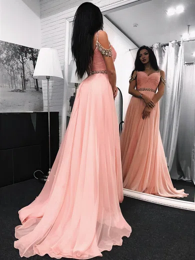 A-line V-neck Chiffon Sweep Train Beading Prom Dresses #Favs020105295