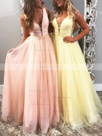 A-line V-neck Glitter Sweep Train Prom Dresses #Favs020108421