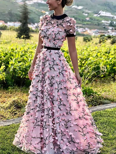 A-line Scoop Neck Lace Sweep Train Flower(s) Prom Dresses #Favs020108423
