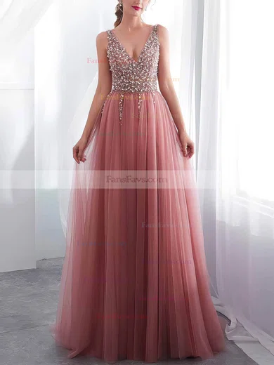A-line V-neck Tulle Sweep Train Beading Prom Dresses #Favs020108426