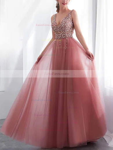 A-line V-neck Tulle Sweep Train Beading Prom Dresses #Favs020108426