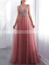 A-line V-neck Tulle Sweep Train Beading Prom Dresses #Favs020108426