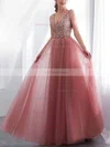 A-line V-neck Tulle Sweep Train Beading Prom Dresses #Favs020108426