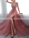A-line V-neck Tulle Sweep Train Beading Prom Dresses #Favs020108426