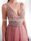 A-line V-neck Tulle Sweep Train Beading Prom Dresses #Favs020108426