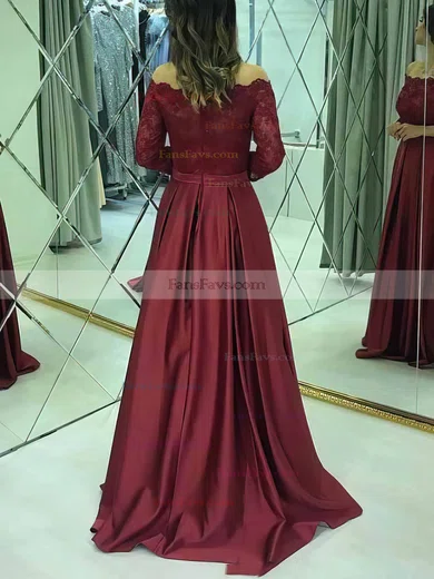 A-line Off-the-shoulder Satin Sweep Train Appliques Lace Prom Dresses #Favs020108431