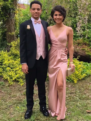 Sheath/Column V-neck Silk-like Satin Floor-length Split Front Prom Dresses #Favs020103662