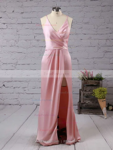 Sheath/Column V-neck Silk-like Satin Floor-length Split Front Prom Dresses #Favs020103662