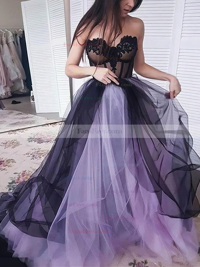 A-line Sweetheart Tulle Sweep Train Appliques Lace Prom Dresses #Favs020108433