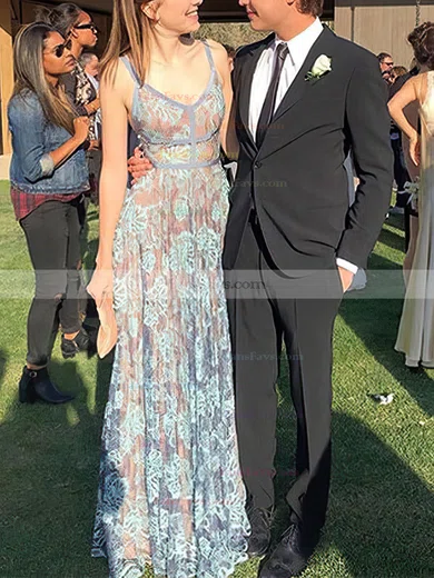 A-line V-neck Lace Sweep Train Prom Dresses #Favs020108436