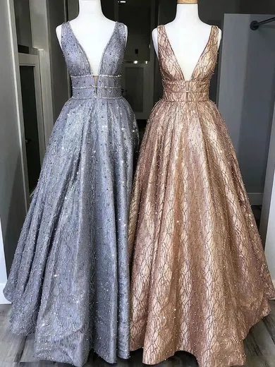 A-line V-neck Glitter Sweep Train Prom Dresses #Favs020108437