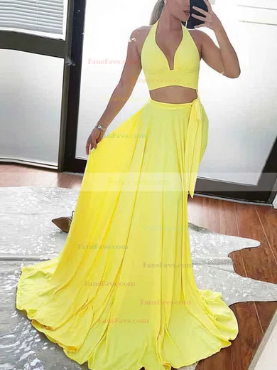 A-line Halter Jersey Sweep Train Bow Prom Dresses #Favs020108438