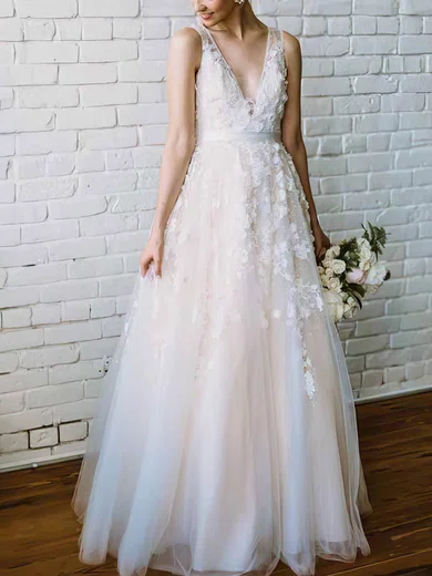 A-line V-neck Lace Tulle Sweep Train Flower(s) Prom Dresses #Favs020108447