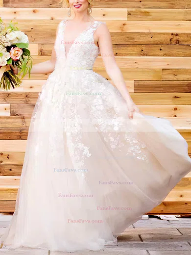 A-line V-neck Lace Tulle Sweep Train Flower(s) Prom Dresses #Favs020108447