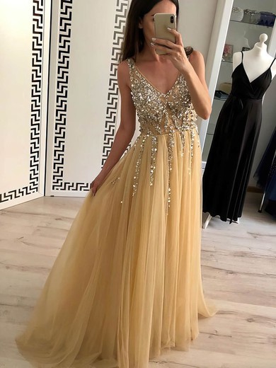 A-line V-neck Tulle Sweep Train Beading Prom Dresses #Favs020108450