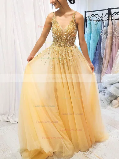 A-line V-neck Tulle Sweep Train Beading Prom Dresses #Favs020108450