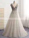 A-line V-neck Tulle Sweep Train Beading Prom Dresses #Favs020108450