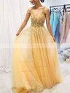 A-line V-neck Tulle Sweep Train Beading Prom Dresses #Favs020108450