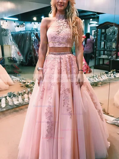 A-line Scoop Neck Lace Tulle Sweep Train Beading Prom Dresses #Favs020108453