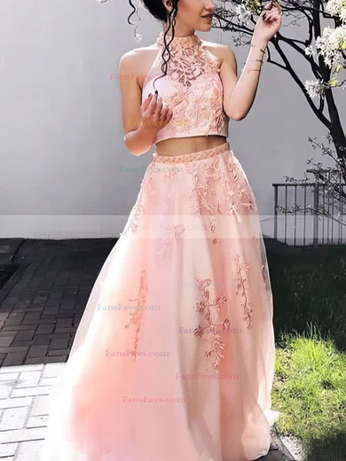 A-line Scoop Neck Lace Tulle Sweep Train Beading Prom Dresses #Favs020108453