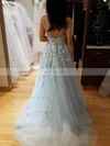 A-line V-neck Tulle Sweep Train Beading Prom Dresses #Favs020108455