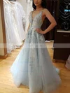 A-line V-neck Tulle Sweep Train Beading Prom Dresses #Favs020108455