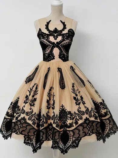 A-line Scoop Neck Lace Tulle Short/Mini Appliques Lace Prom Dresses #Favs020108456