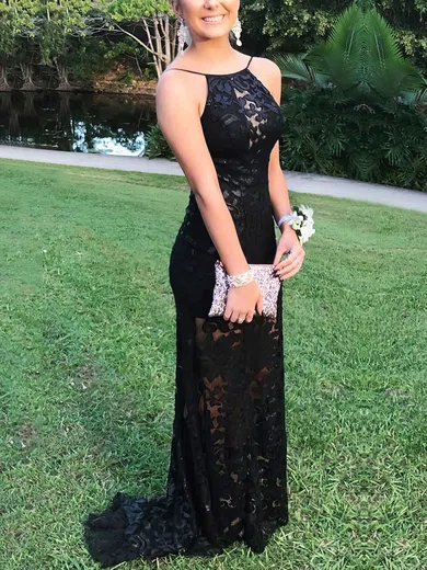 Sheath/Column Scoop Neck Lace Sweep Train Prom Dresses #Favs020105310