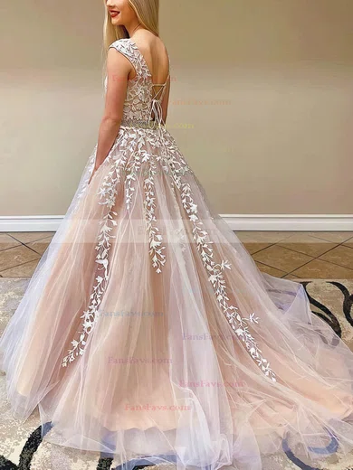 A-line Scoop Neck Tulle Sweep Train Beading Prom Dresses #Favs020108465