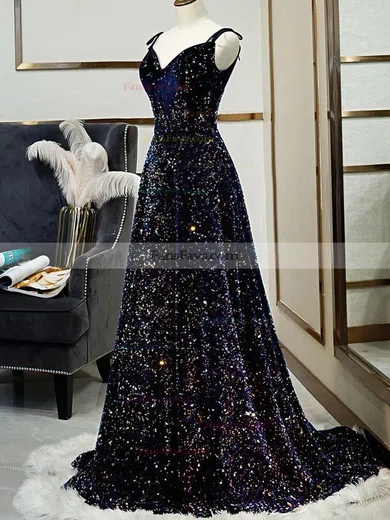 A-line V-neck Sequined Sweep Train Prom Dresses #Favs020108466