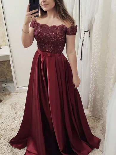 A-line Off-the-shoulder Satin Sweep Train Appliques Lace Prom Dresses #Favs020108470