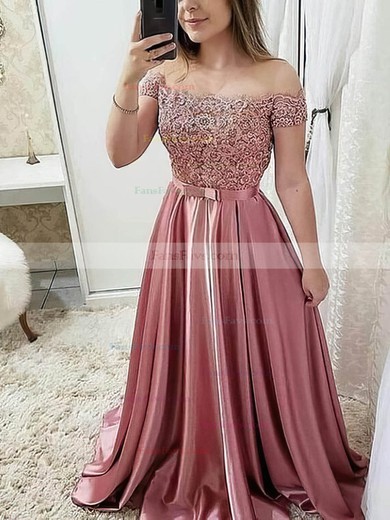 A-line Off-the-shoulder Satin Sweep Train Appliques Lace Prom Dresses #Favs020108470