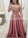 A-line Off-the-shoulder Satin Sweep Train Appliques Lace Prom Dresses #Favs020108470