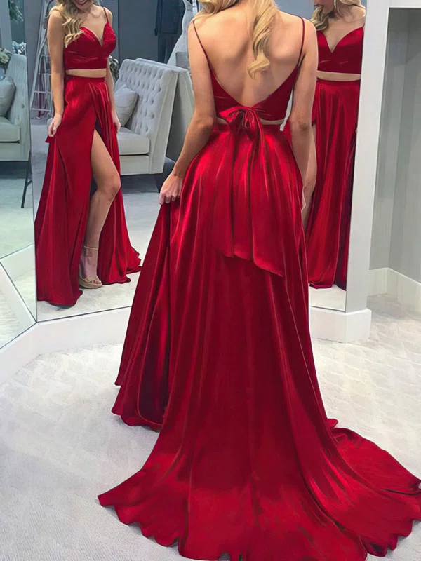 A-line V-neck Silk-like Satin Sweep Train Bow Prom Dresses #Favs020108471