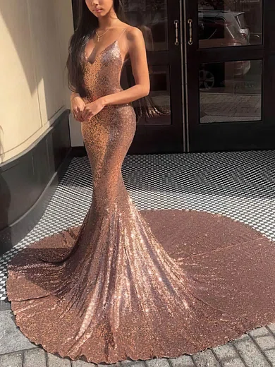 Trumpet/Mermaid V-neck Sequined Sweep Train Prom Dresses #Favs020108352