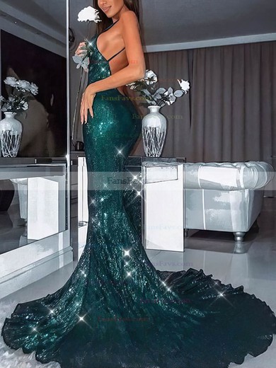 Trumpet/Mermaid V-neck Sequined Sweep Train Prom Dresses #Favs020108354