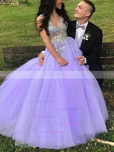 Ball Gown V-neck Tulle Sweep Train Beading Prom Dresses #Favs020108356