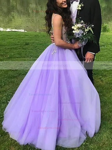 Ball Gown V-neck Tulle Sweep Train Beading Prom Dresses #Favs020108356
