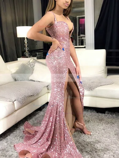 Trumpet/Mermaid V-neck Sequined Sweep Train Split Front Prom Dresses #Favs020108358